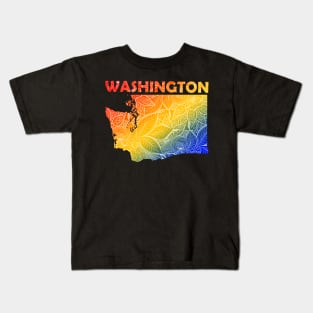 Colorful mandala art map of Washington with text in blue, yellow, and red Kids T-Shirt